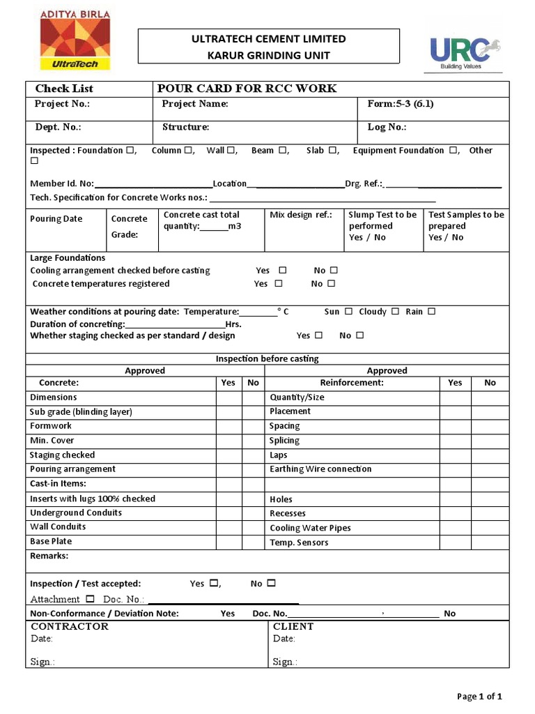 RCC Pour Card Checklist | PDF | Concrete | Building Engineering