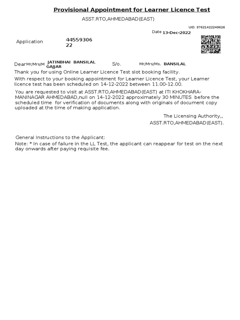 Provisional Appointment For Learner Licence Test PDF