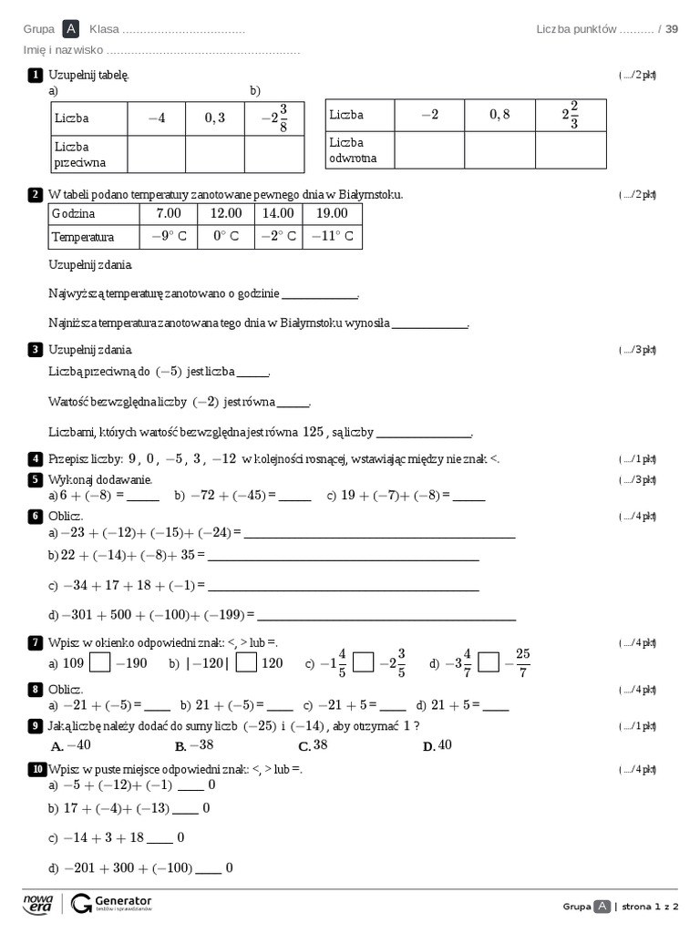 Ułamek Liczby Zadania Klasa 6 Test Klasa 6 - Liczby Całkowite Cz.1 | PDF