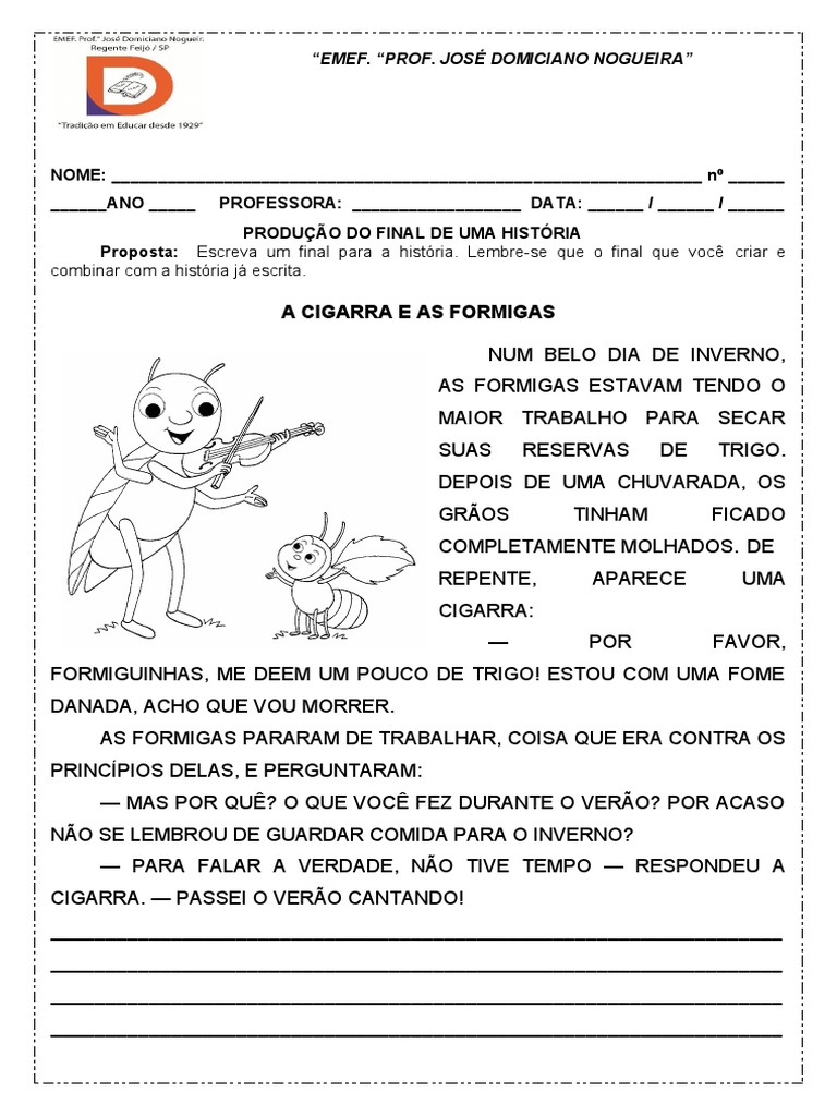Produção de Texto A Cigarra e As Formigas | PDF