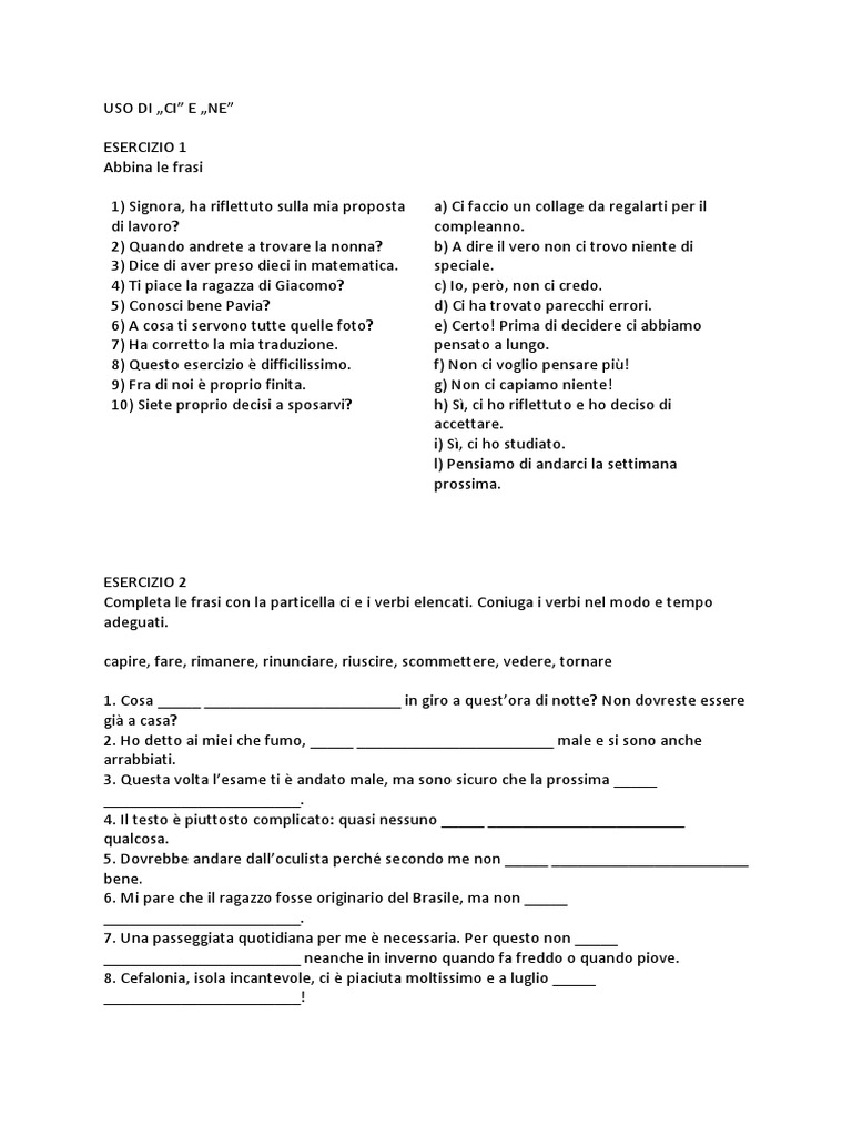 Esercizi Di Ci, Ne e Pronominali | PDF