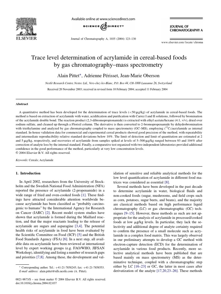 Trace Level Determination of Acrylamide in Cereal-Based Foods | PDF ...
