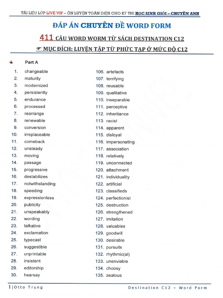 Answer Key Chuyên đề Word Form C12 | PDF