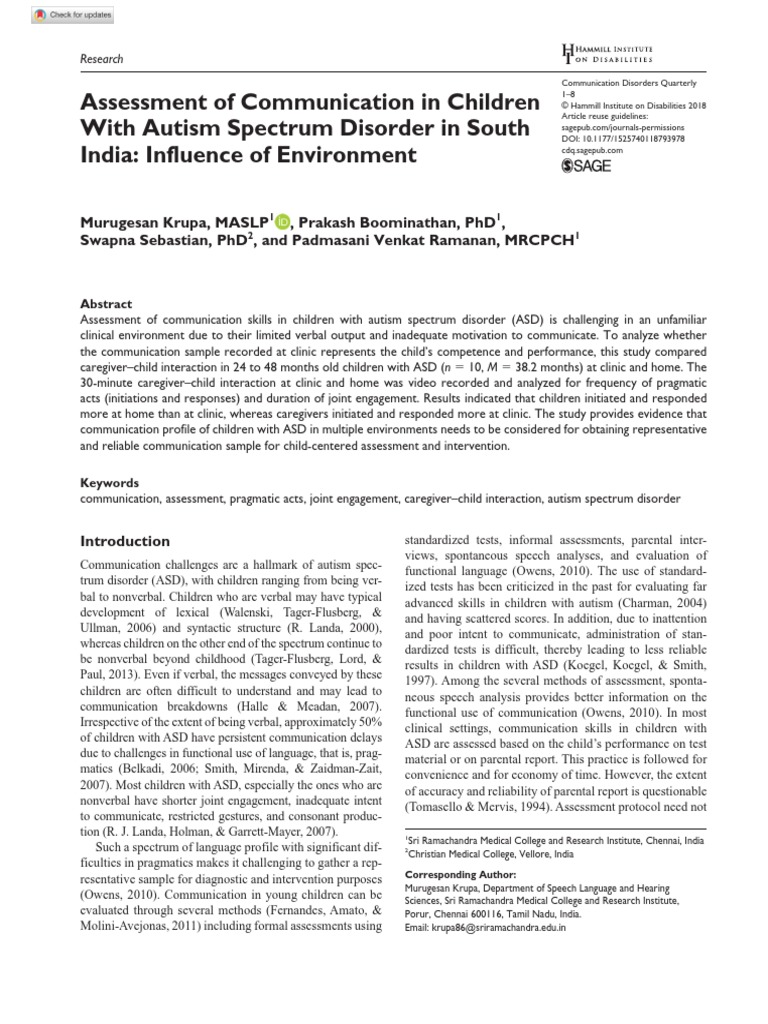Assessment of Communication in Children With Autism Spectrum Disorder ...