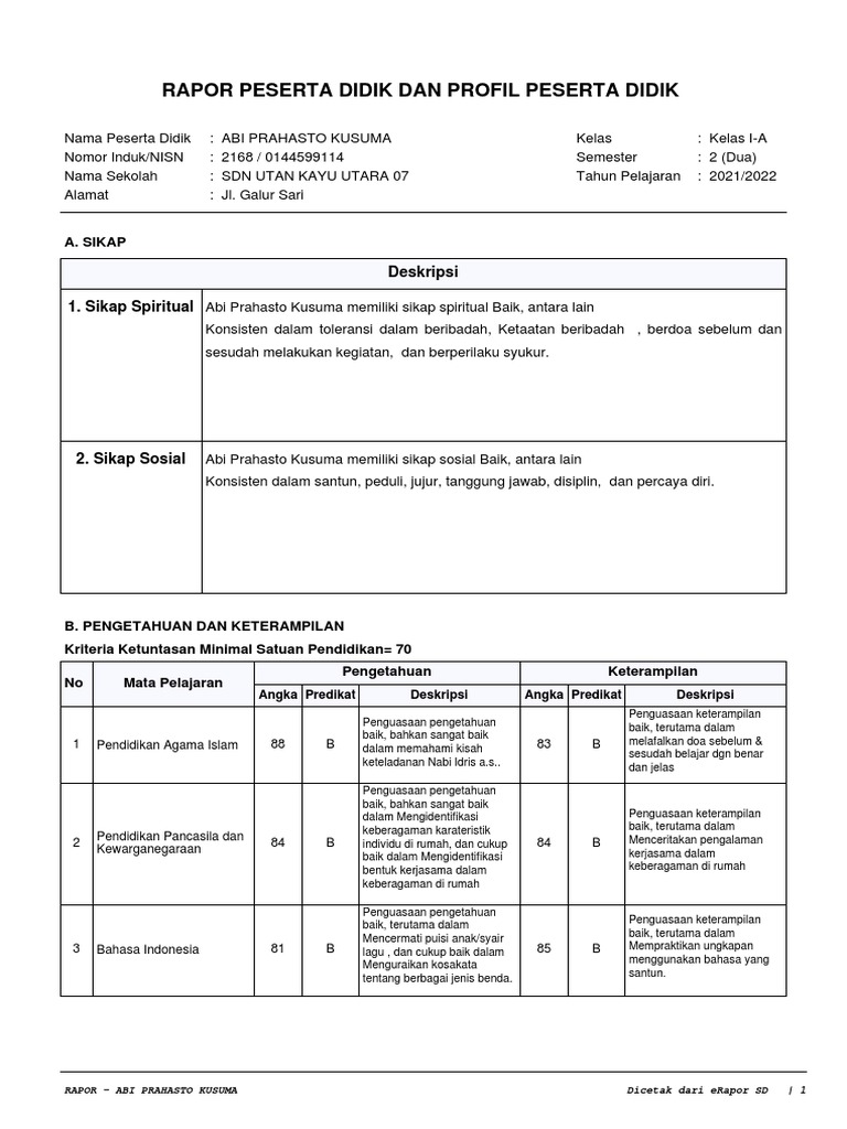 Rapor dan Profil Abi Prahasto Kusuma | PDF