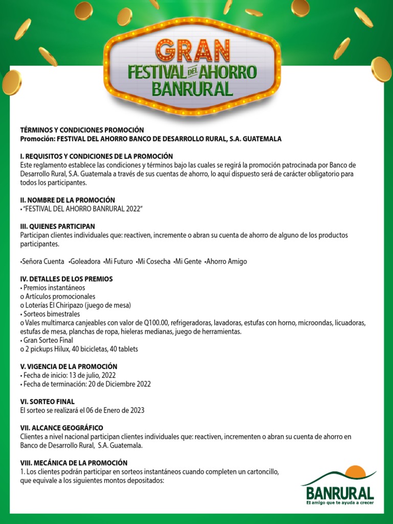 Terminos y Condiciones Gran Festival Del Ahorro Banrural 2022 