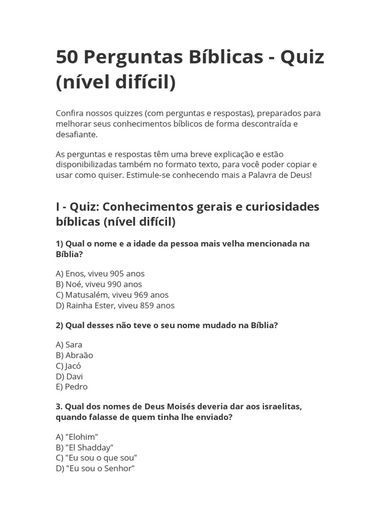 Quiz Bíblico: 50 Perguntas Difíceis | PDF | Jesus | Bíblia