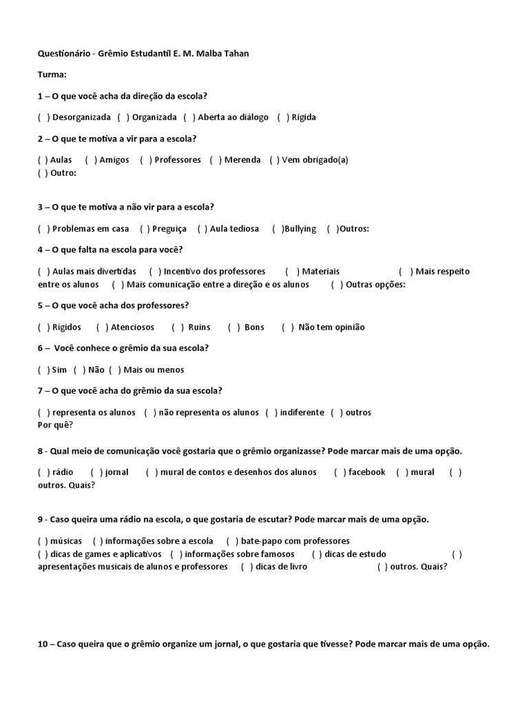 Questionário sobre o Grêmio Estudantil | PDF