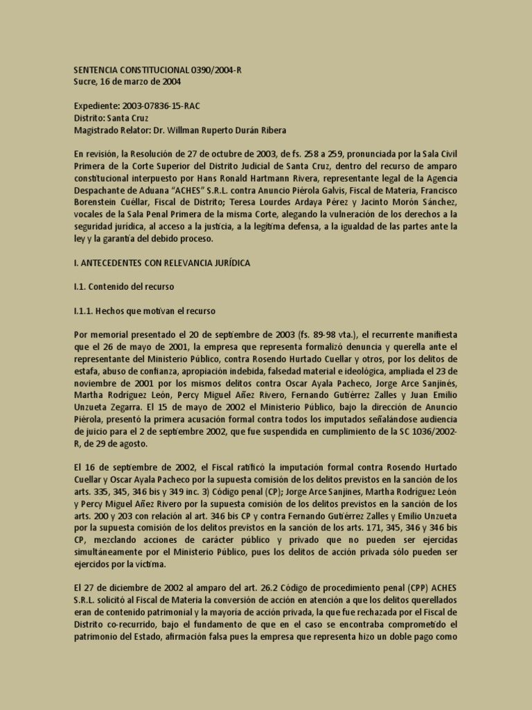 Sentencia Constitucional 0390 - 2004 | PDF | Derecho penal | Queja