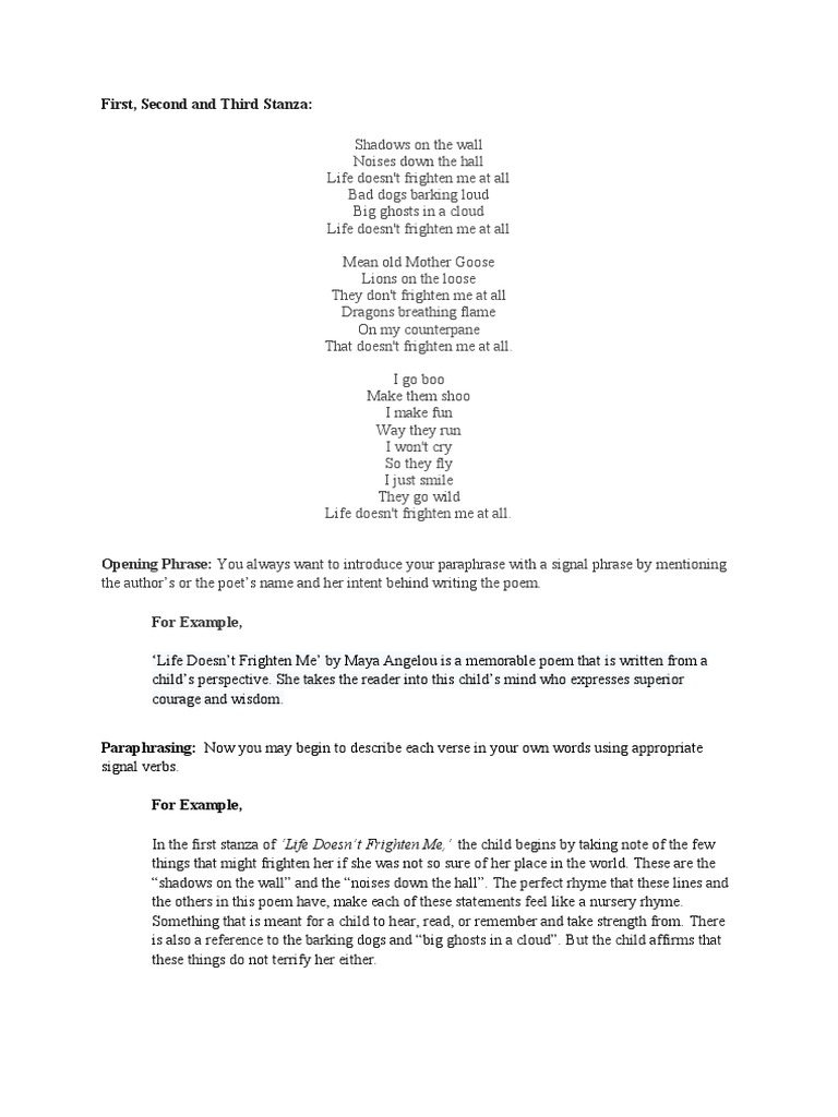 Life Doesnt Frighten Me Paraphrasing PDF Poetry