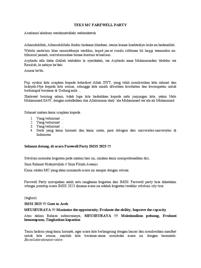 Teks MC untuk Farewell Party IMSS | PDF | Karier & Perkembangan | Agama ...