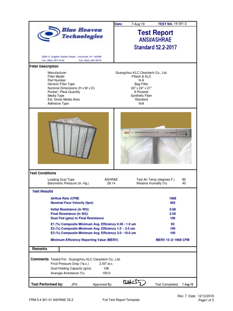 Blue Heaven Test Report BAG FILTER F9 | PDF | Applied And ...