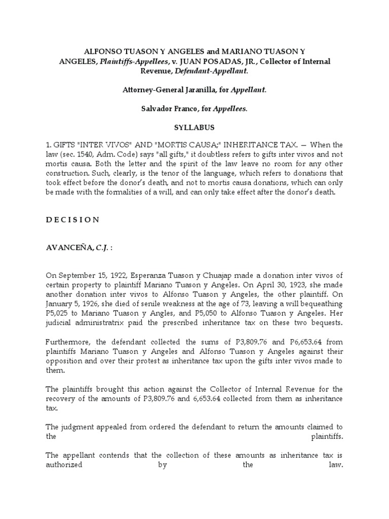 ALFONSO TUASON Y ANGELES and MARIANO TUASON Y ANGELES Vs Juan Posadas ...