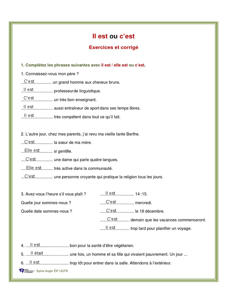 Il Est Ou C est Exercices Et Corrige PDF checs Th orie checs 