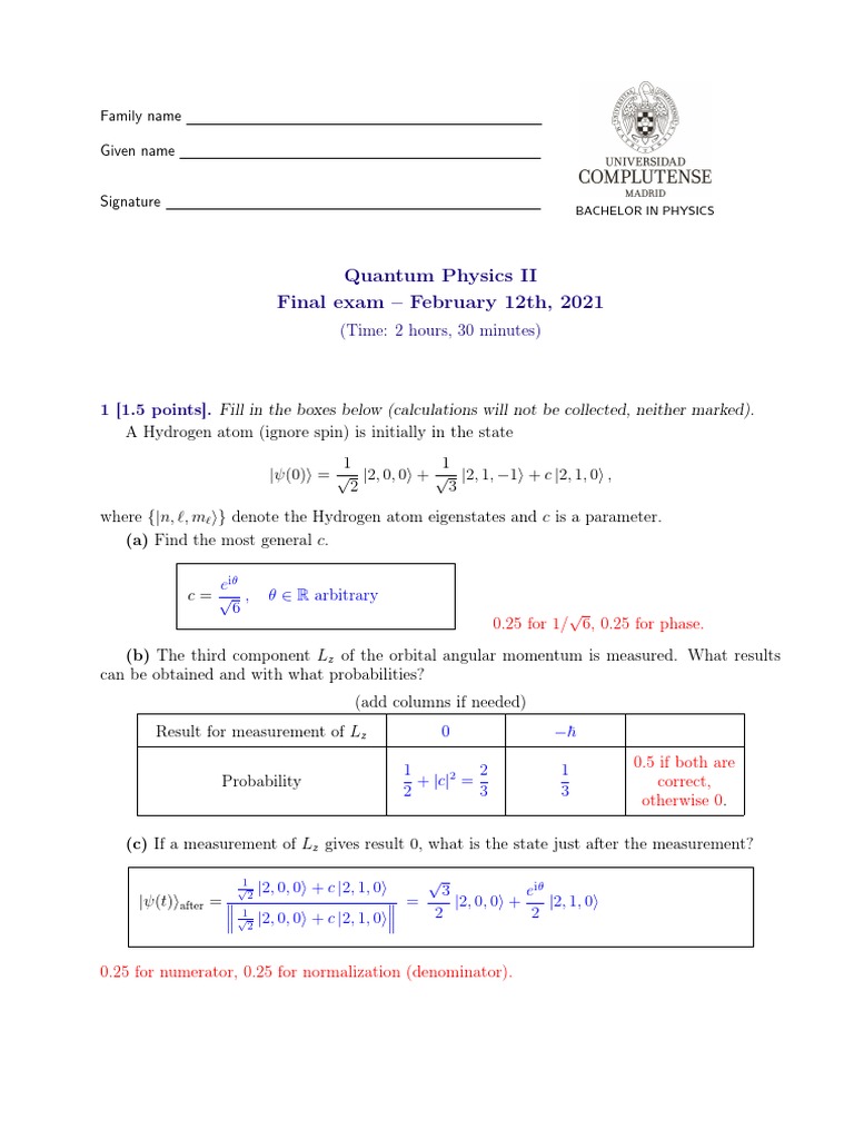 Exam Solutions: Degeneracy in Quantum Systems | PDF | Spin (Physics ...