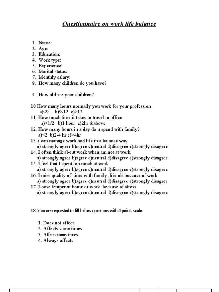 Questionnaire On Work Life Balance | PDF | Work–Life Balance | Employee ...