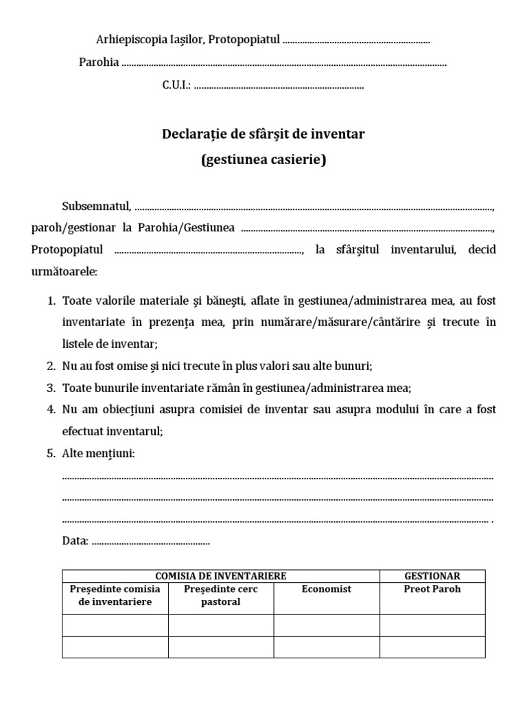 Declaratie de Sfarsit de Inventar Gestiune Casierie | PDF