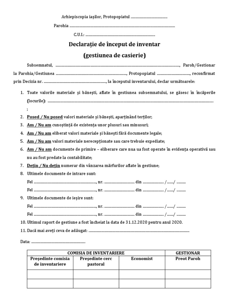 Declaratie de Inceput de Inventar Gestiunea Casierie | PDF