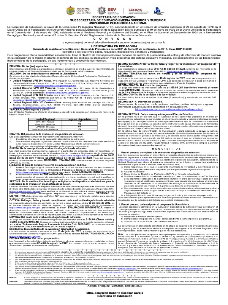 Convocatoria Licenciatura en Pedagogía UPN Xalapa | PDF | Plan de estudios