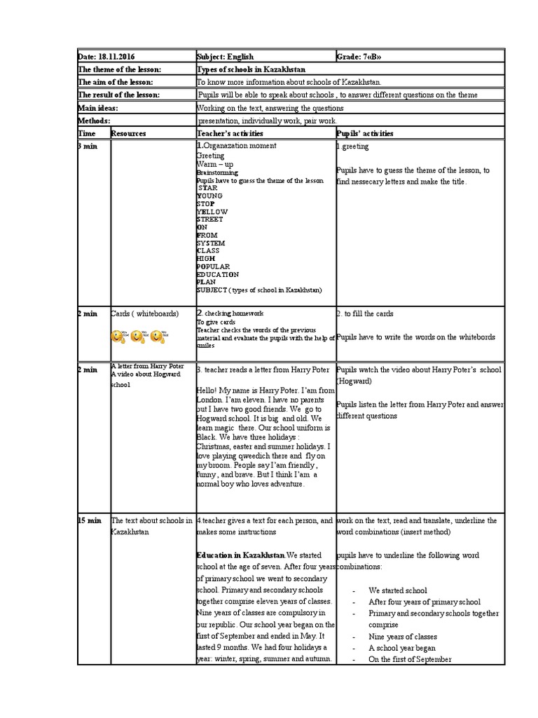 План урока на тему - Types of schools in Kazakhstan - | PDF | Schools ...