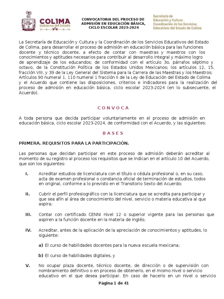 Convocatoria Para Admisión A Educación Básica 2023 2024 Colima Pdf