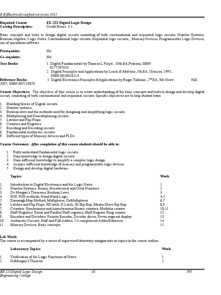 DLD Course Ouline PDF Digital Electronics Logic Gate