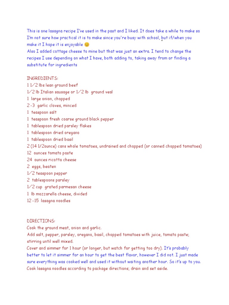 Lasagna Recipe | PDF