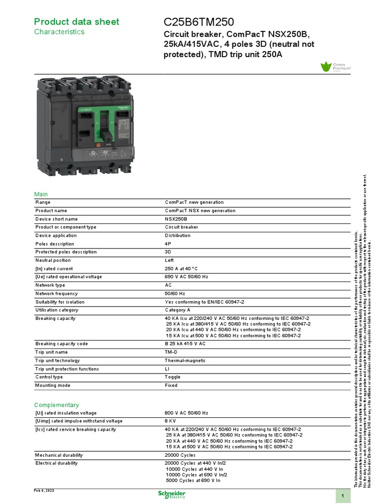 250A 4-Pole Circuit Breaker Data Sheet - ComPacT NSX250B | PDF ...