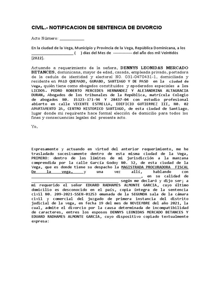 Civil - Notificacion de Sentencia de Divorcio Pedro La Vega | PDF ...