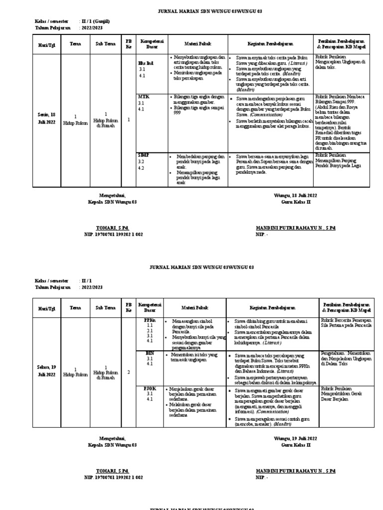 Jurnal Pembelajaran K13 Kelas 2 Semester 1 Tahun Ajaran 2022/2023 | PDF