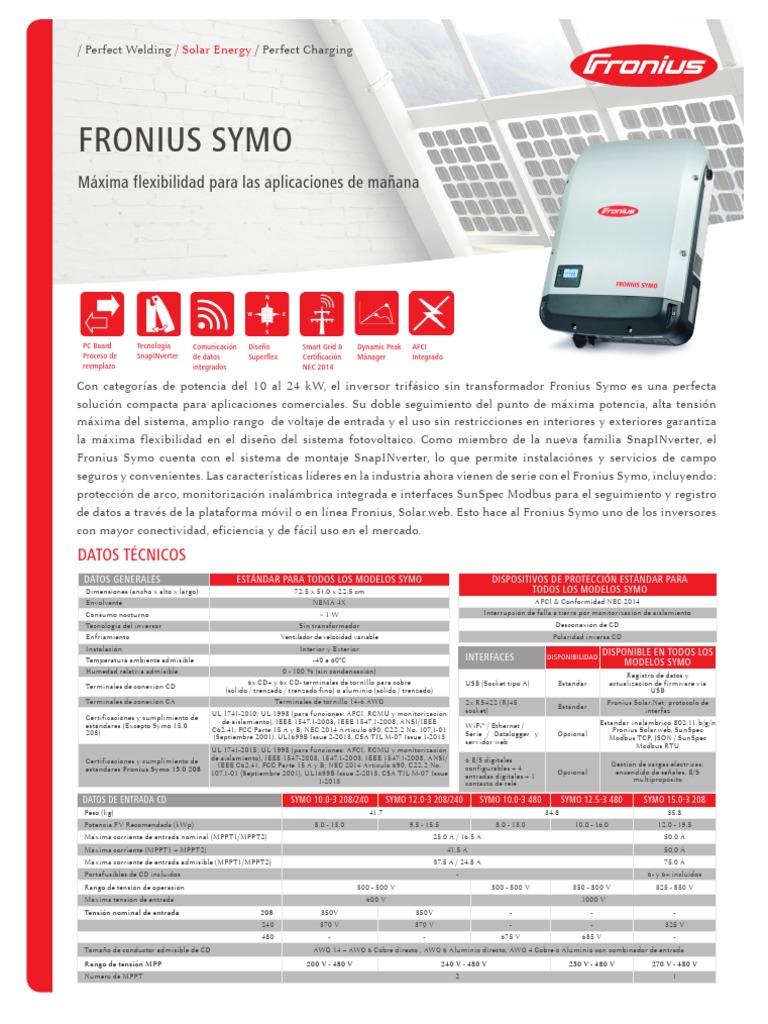 Ft. Fronius Symo 24.0k3 480. Wlan Lan  PDF Transformador