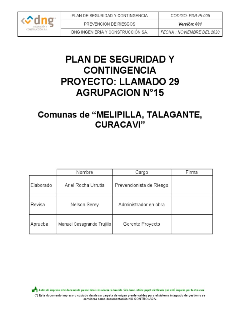 Plan de Seguridad y Contingencia 2020 | PDF