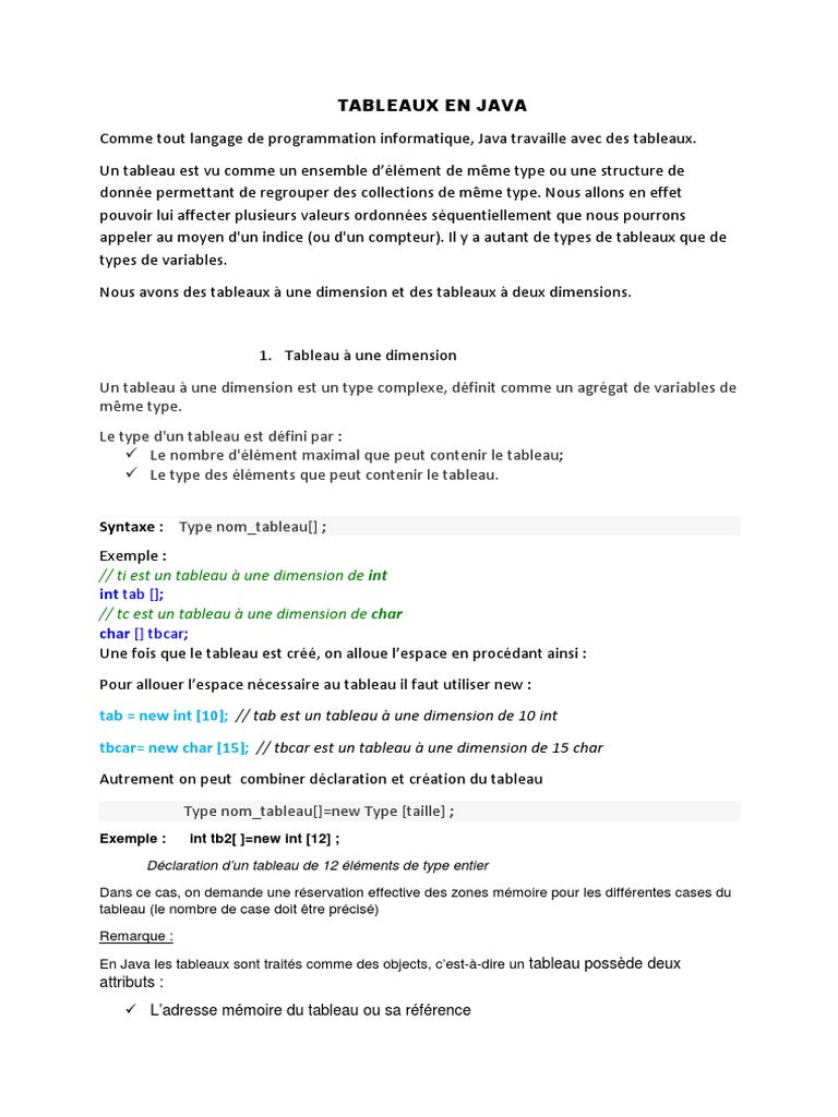 Tableaux en Java : Déclaration et Affichage | PDF | Java (Langage de ...