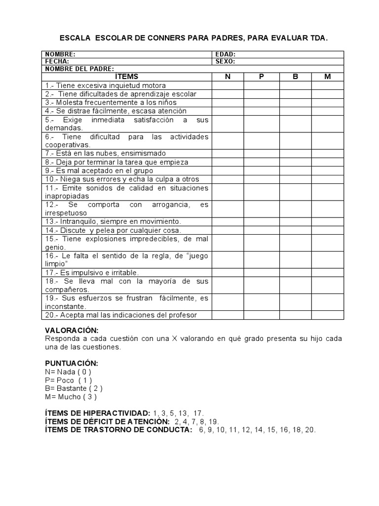 Escala Escolar de Conners para Padres PDF Desorden hiperactivo y deficit de atencion