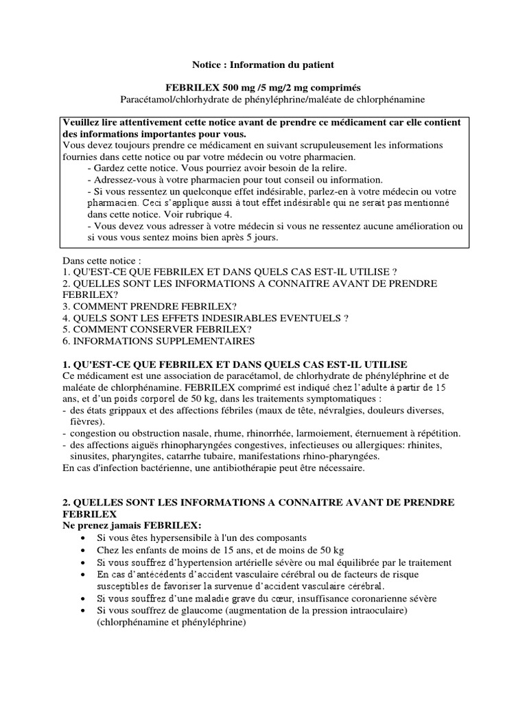 Utilisation et précautions de Fébrilex | PDF | Rhume | Effet indésirable