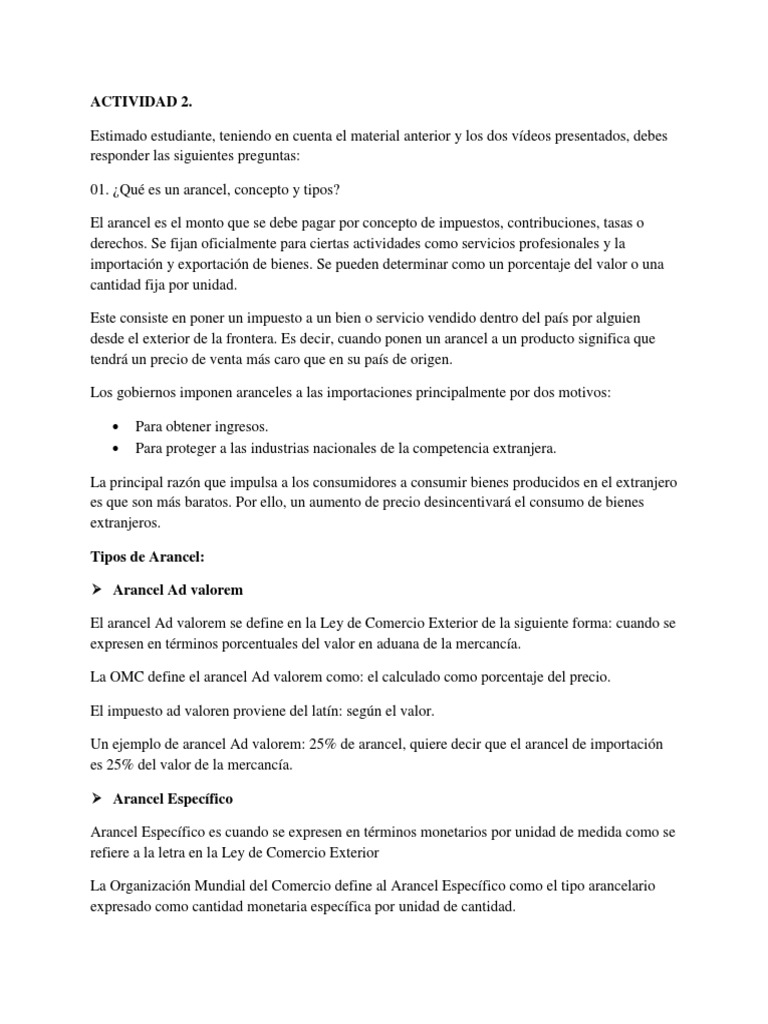 Actividad 2 - Arancel de Aduanas | PDF | Arancel | aduana
