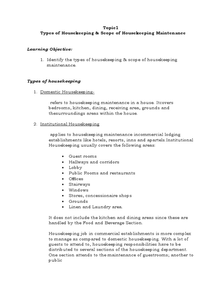 Housekeeping Topic 1 | PDF | Housekeeping | Home
