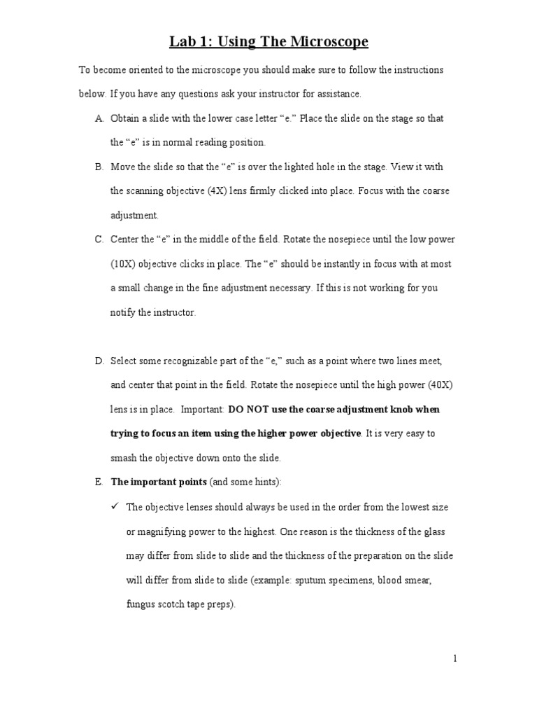 Lab 1 Microscopy Revised 01 08 09 | PDF | Microscope | Lens (Optics)