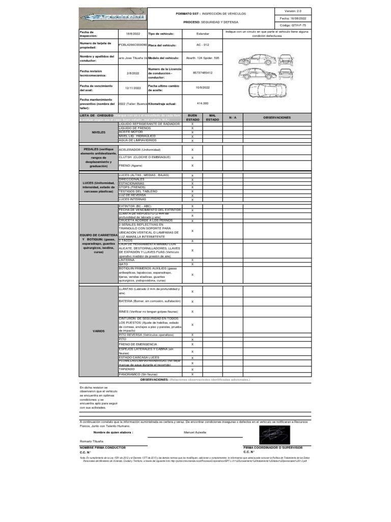 Formato Inspeccion de Vehiculo | PDF | Vehículos | Vehículo de motor