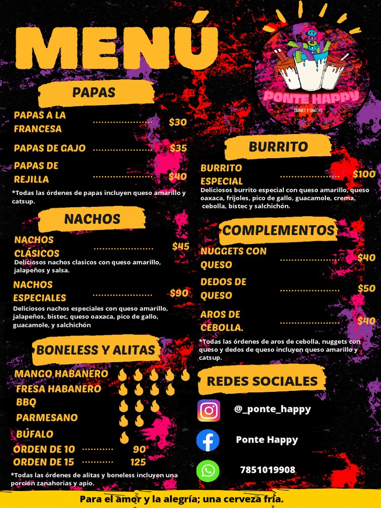 Menú de Papas, Nachos y Bebidas | PDF | Alimentos | Ingredientes de comida