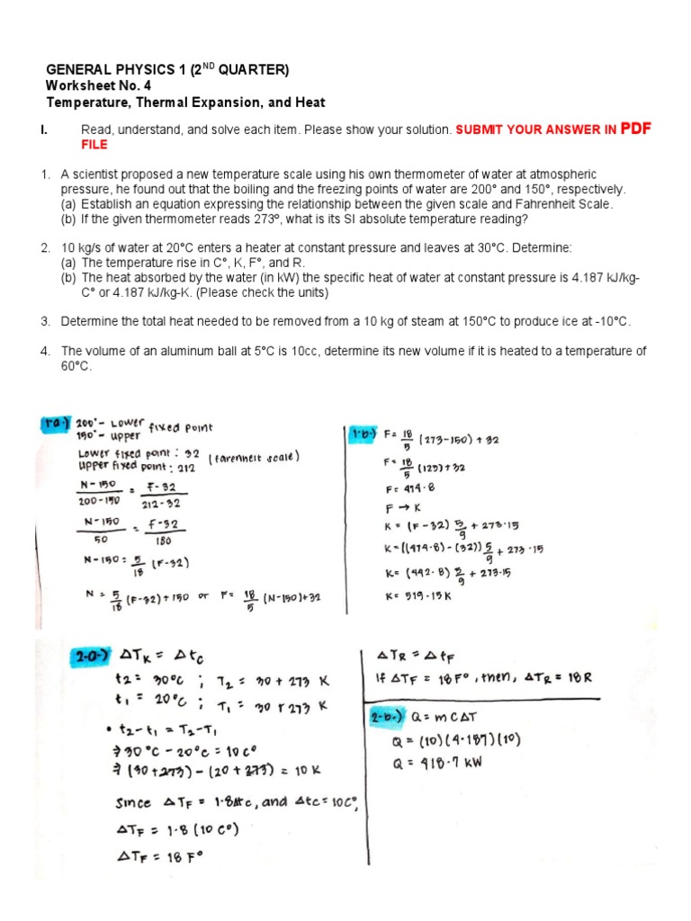 Temperature and Heat Physics Worksheet | PDF