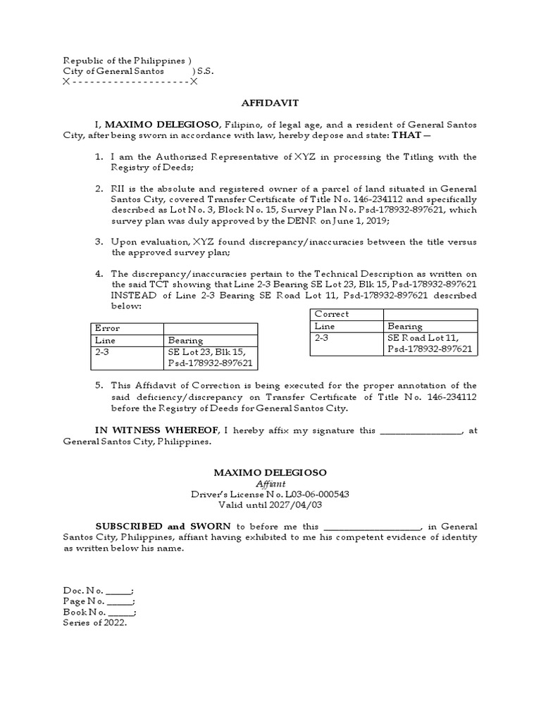 Affidavit of Correction of Technical Description-XXX-Sample | PDF ...