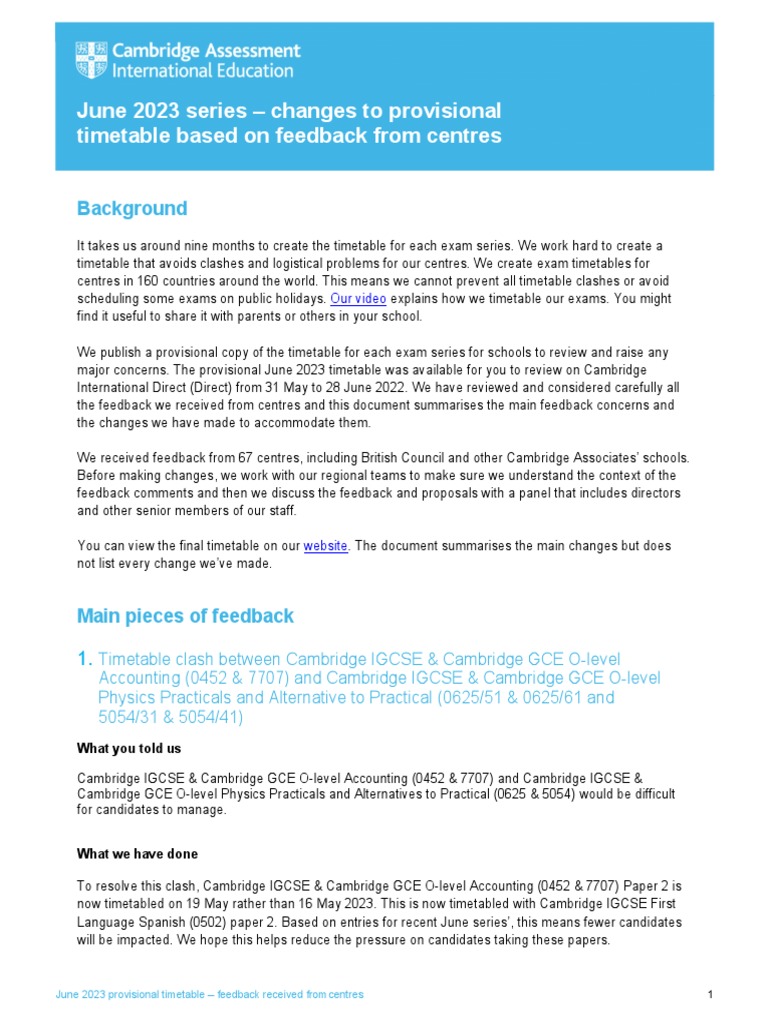 June 2023 Provisional Timetable Feedback | PDF