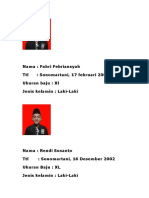 Nama: Fahri Febriansyah TTL: Sonomartani, 17 Februari 2006 Ukuran Baju: XL Jenis Kelamin: Laki-Laki