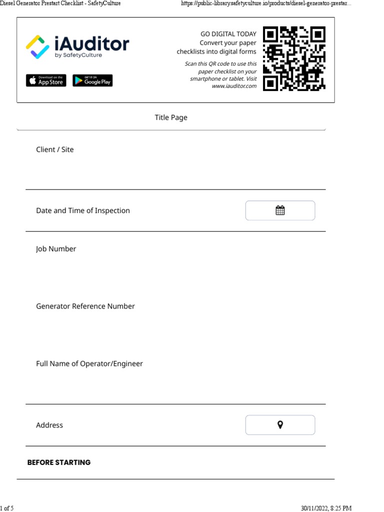 Diesel Generator Prestart Checklist | PDF | Diesel Engine | Internal ...