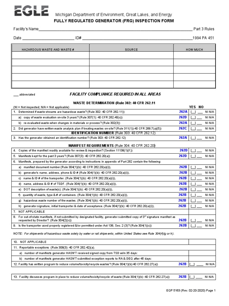 GENERATOR INSPECTION FORM EQP5163FullyRegulatedGenerator