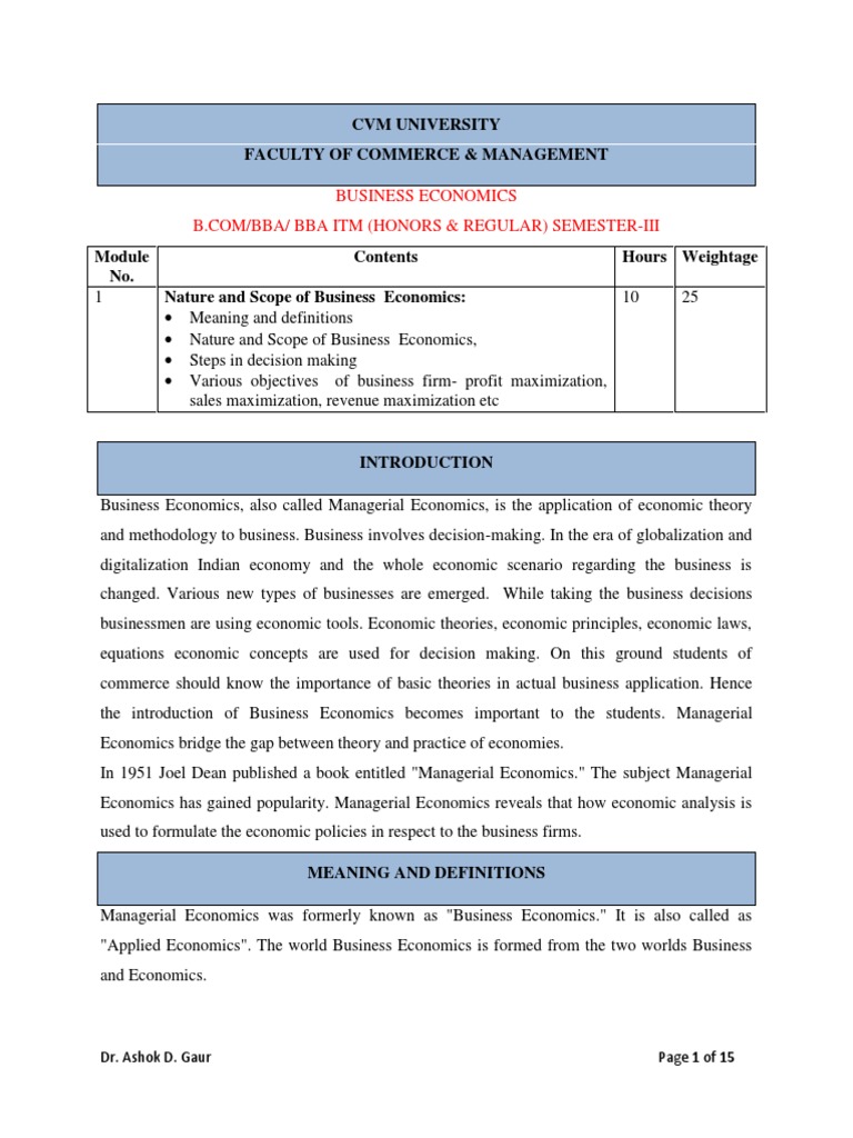 Sem 3 Business Economics Unit 1 Pdf Economics Profit Economics