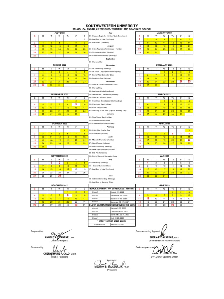 SWU 2022 20223 School Calendar PDF Academic Term Public Holiday