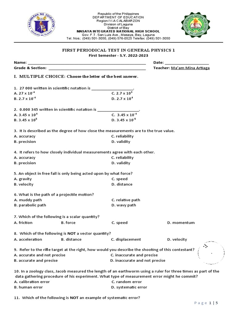 Grade 12 General Physics Exam 1st Quarter | PDF | Acceleration ...