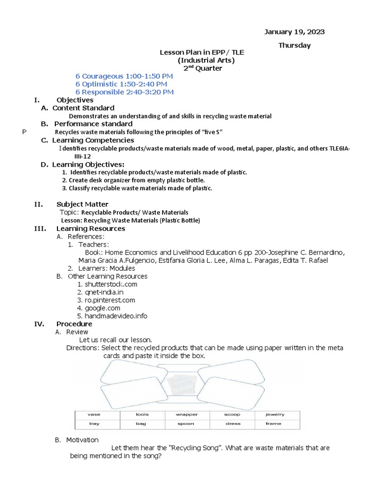Recycling Plastic: Lesson Plan for TLE 6 | PDF | Plastic | Recycling